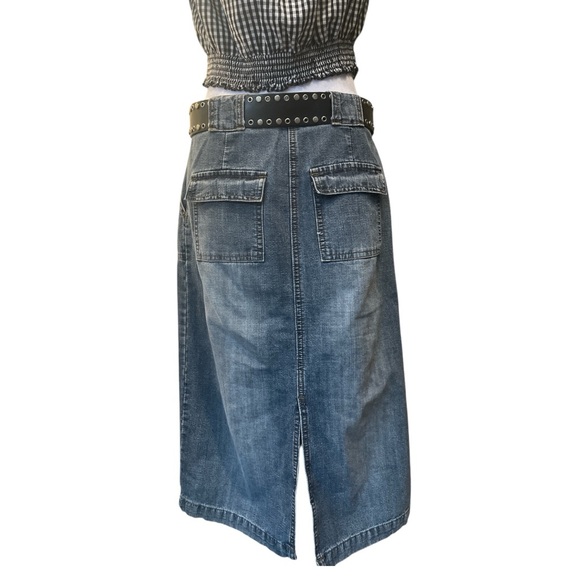 CONTRAST S faded blue vintage midi jean skirt back tab pockets 2” belt loops - Picture 6 of 10